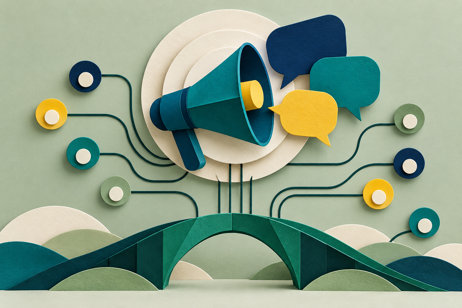 Layered paper megaphone, speech bubbles and connected community nodes
