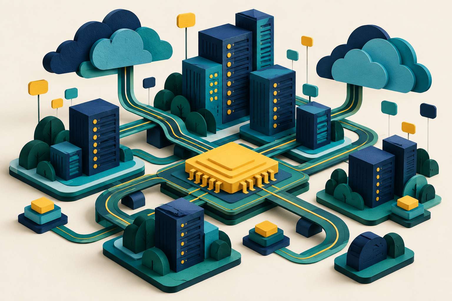 A sculptural paper world of servers, circuits and a microchip